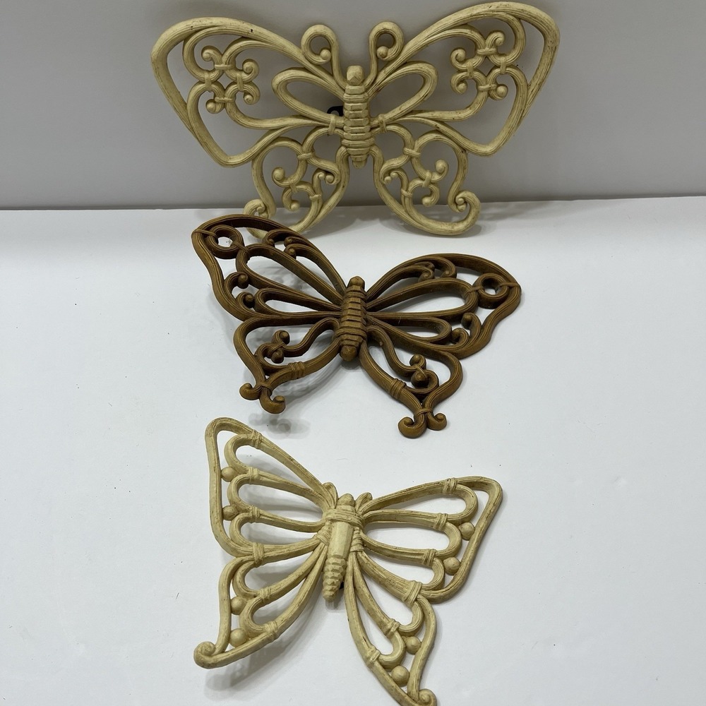 VTG Homco Butterflies Wall Decor Boho Faux Wood Rattan 1970s USA MCM - Set of 3